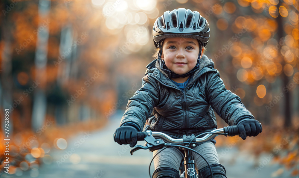 child riding a bike for the first time / learning how to ride in autumn cold weather. he is wearing a helmet and looking at the camera child riding a bike for the first time / learning how to ride in autumn cold weather. he is wearing a helmet and looking at the camera