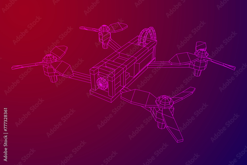 FPV Drone Racing freestyle sport flight. Hobby toys. Wireframe low poly mesh vector illustration. - obrazy, fototapety, plakaty 