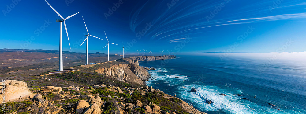 Wind turbines in green field, renewable energy and environmental technology