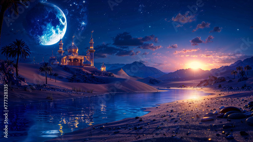 Fantasy Oasis with Majestic Palace under Starlit Sky