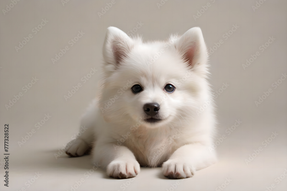 A Japanese spitz puppy lying on the floor.