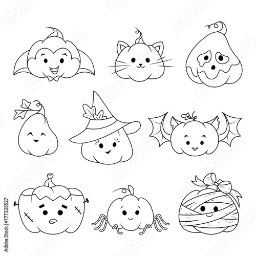 Halloween pumpkins set coloring page cartoon vector illustration