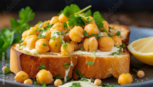 Close-up of toasted bread with chickpeas mixed with vegan mayo, lemon juice, and chopped fresh herbs