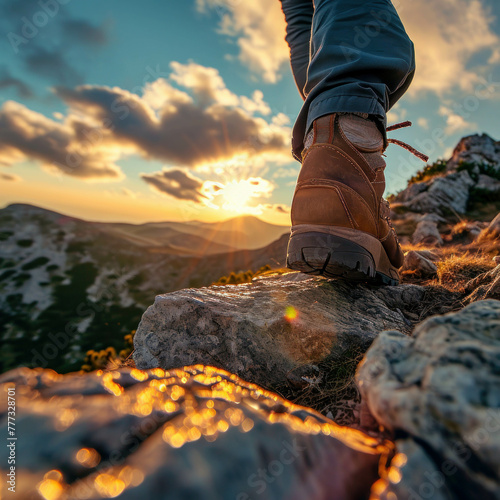 In this captivating shot, witness a hiker's journey uphill against a backdrop of clear blue skies. His foot, in close-up, highlights the determination and adventure. AI generative.