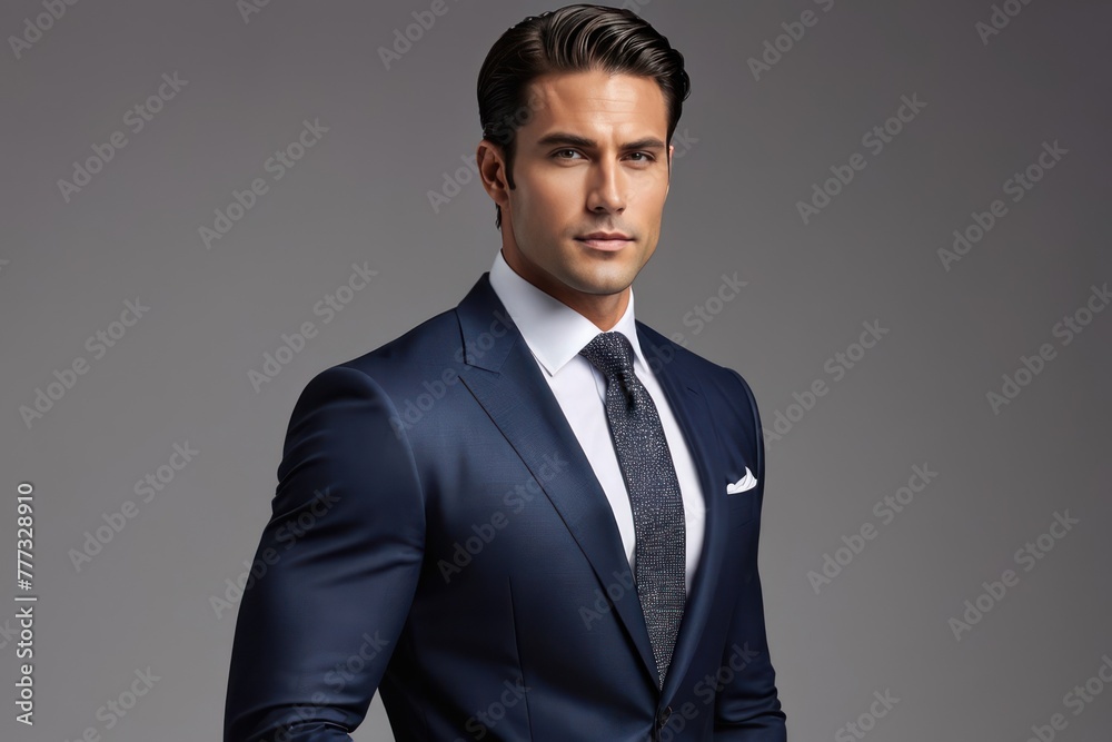 Portrait beautiful model business man in suit with white teeth smile on grey background. Generative AI Portrait beautiful model business man in suit with white teeth smile on grey background. Generative AI