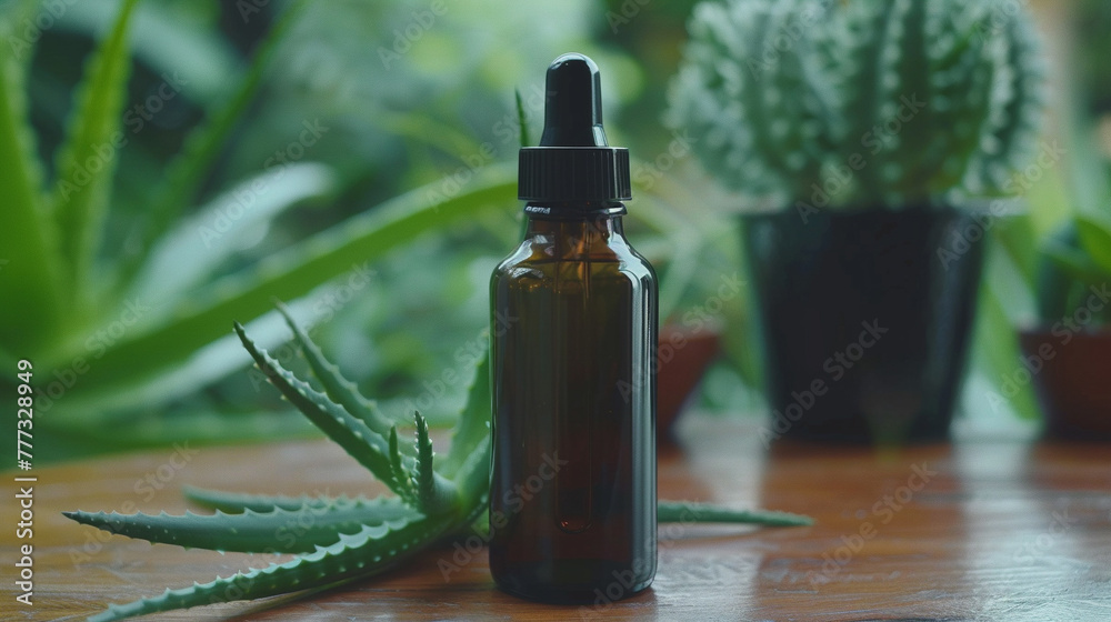 Aloe vera oil in a dark glass bottle on a wooden table and natural green background Aloe vera oil in a dark glass bottle on a wooden table and natural green background