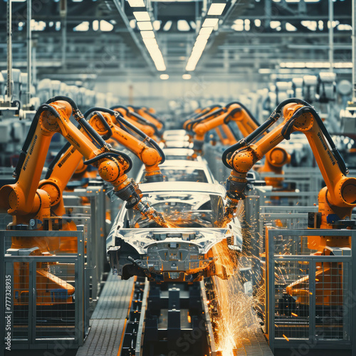 Explore a high-tech factory where robots efficiently assemble an electric car with precision under local light. Photo grade, 8K, HDR. AI generative.