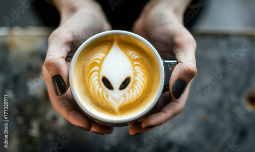 closeup of a coffee latte art of an alien seen from above in the cafe wallpaper cappuccino art photo