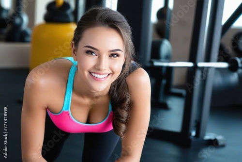 Fitness young smiling woman in sports T-shirt in the gym. Concept of a healthy lifestyle and a slim figure. Generative A