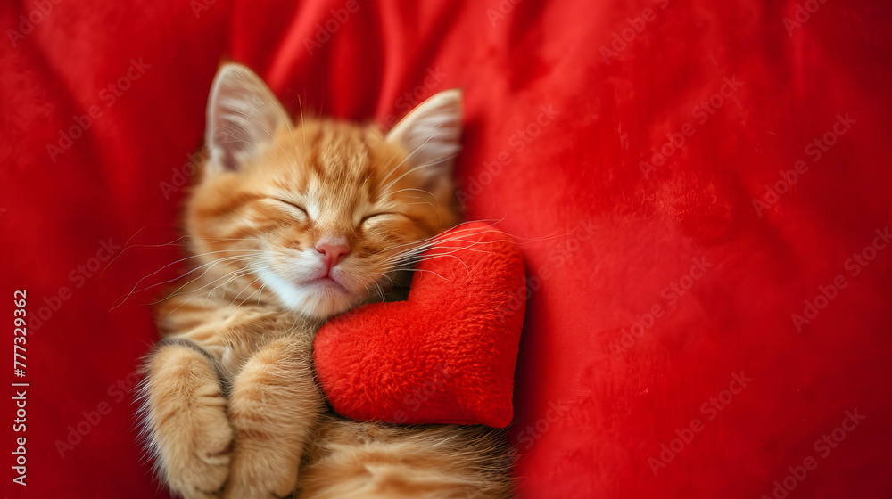 Experience the adorable sight of a sleeping kitten on a heart-shaped pillow, captured from a close-up top view. AI generative.