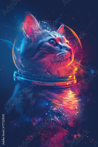 cat with a glowing starry sky background.