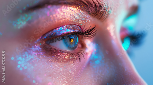 close up of woman with shining eye and glitter makeup on the face © EvhKorn
