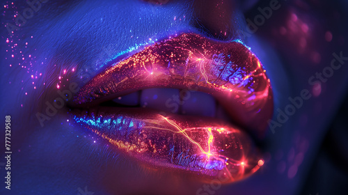 beautiful female lip makeup with neon glow. © EvhKorn
