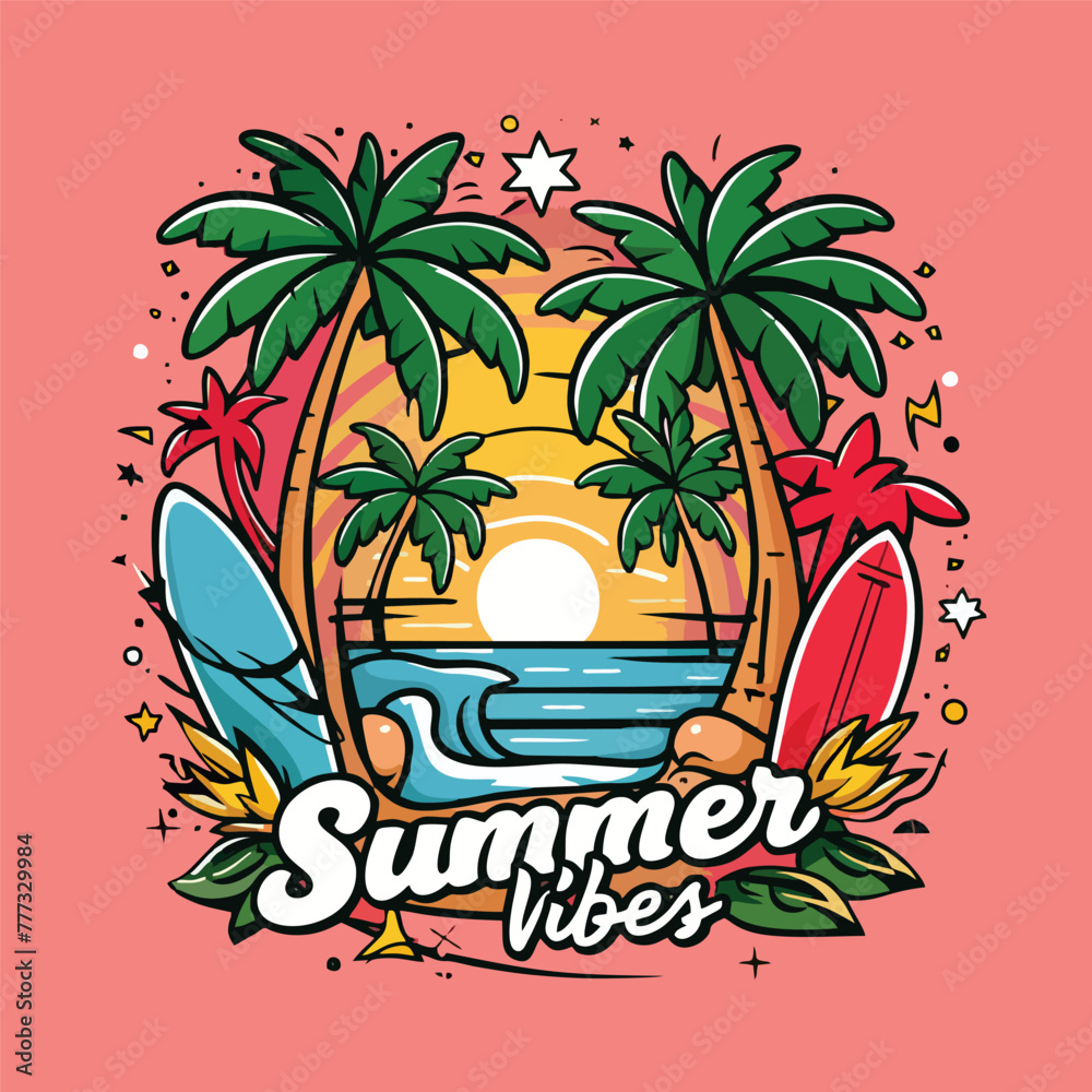 illustration of a cool and trendy summer cartoon for printing on a t-shirt. Perfect for t-shirts, sticker, apparel and other merchandise vector illustration. summer vibes typography style