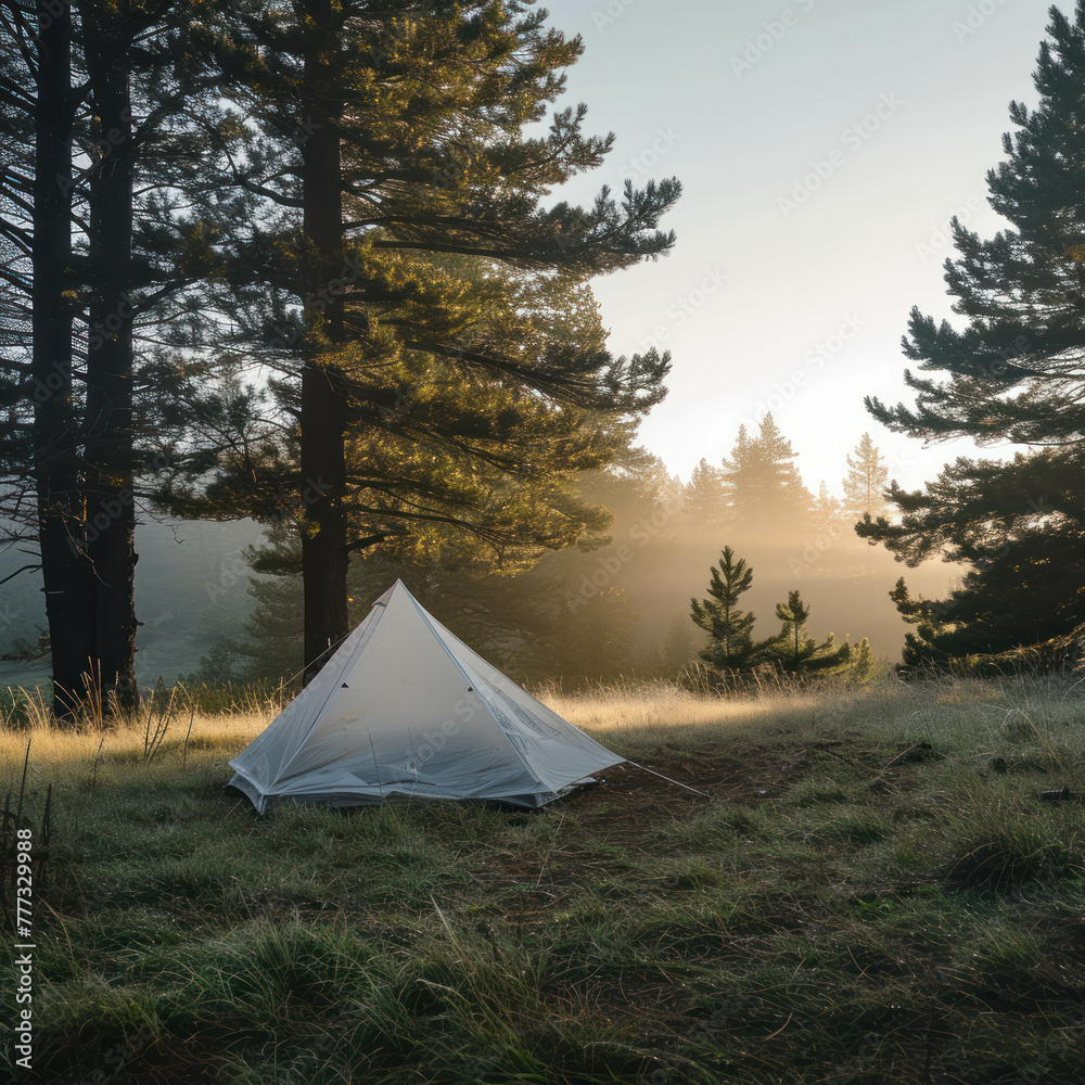 Embrace the beauty of simplicity at a minimalist campsite, where a white DuPont™ Tyvek® tent blends seamlessly with the serene surroundings of pine trees and early morning mist. AI generative.