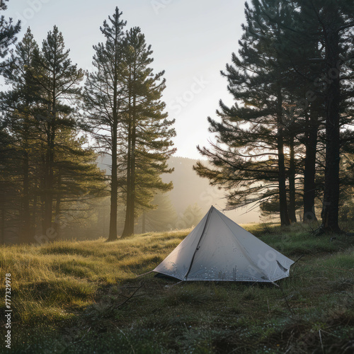 Embrace the beauty of simplicity at a minimalist campsite, where a white DuPont™ Tyvek® tent blends seamlessly with the serene surroundings of pine trees and early morning mist. AI generative.