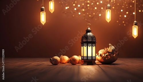 An Islamic lantern with a blurred mosque in the background for Al Fitr and Adha eid