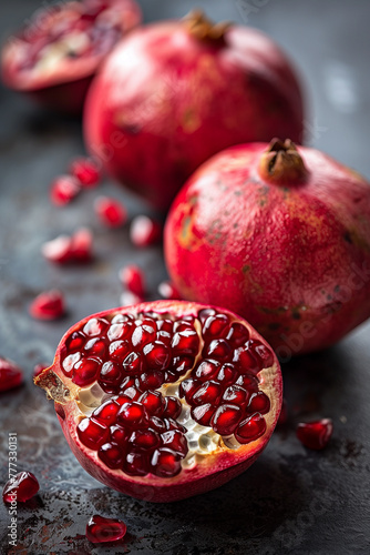 ripe juicy red pomegranate with seeds on a dark background.