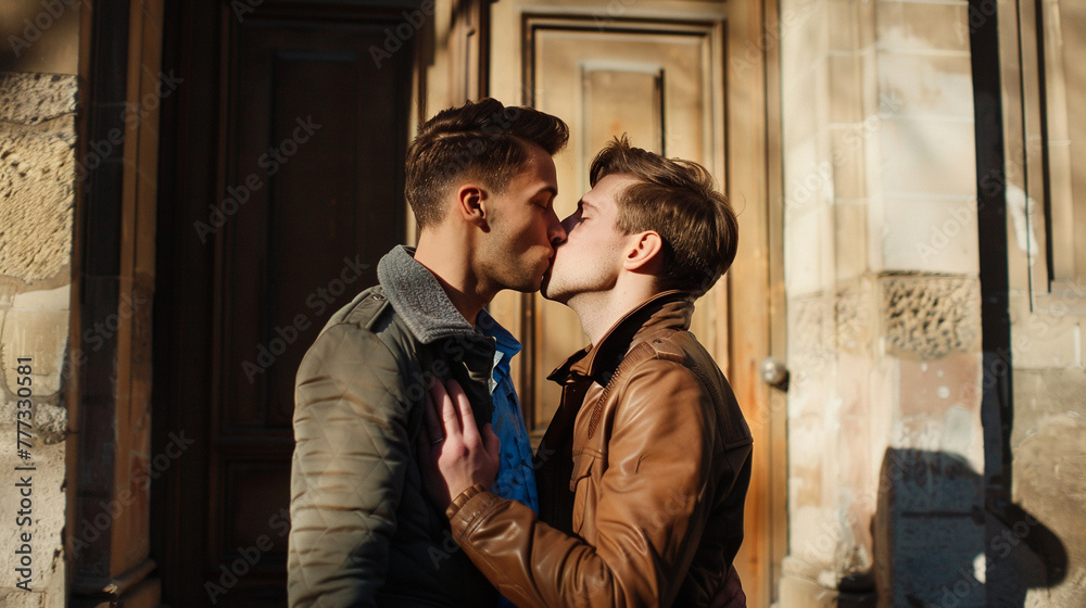 Romantic gay couple kissing