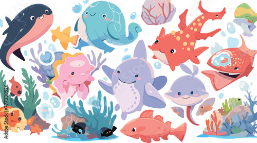 Children have fun stickers with sea animals. Who li