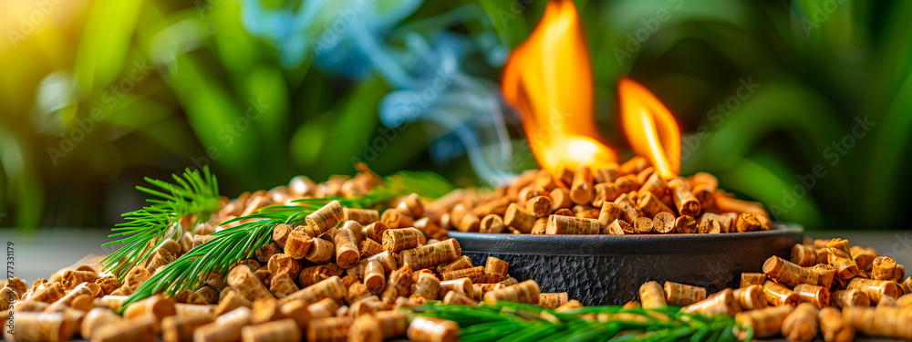 Fototapeta premium Wood pellets in stove, renewable energy source for eco-friendly heating