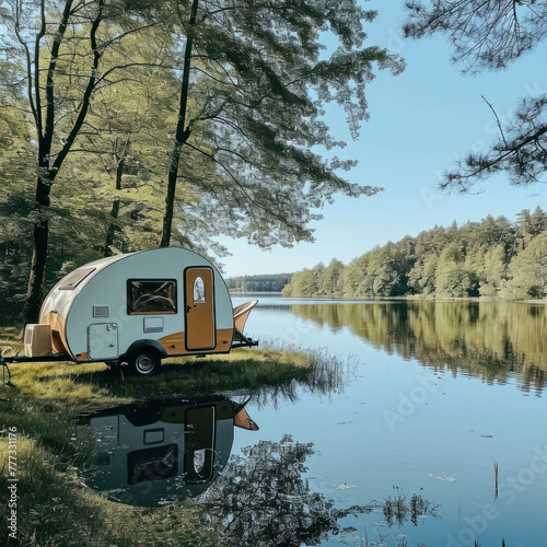 Experience lakeside tranquility with a camper trailer parked in the grassy countryside. Nature's serenity envelops the picturesque scene. AI generative enhances the scenic beauty.