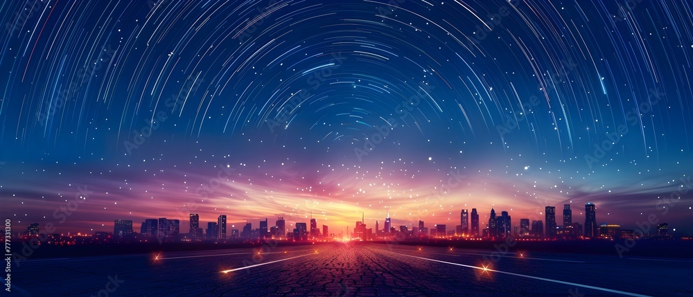 Mesmerizing City Skyline at Night with Captivating Star Trails and Cosmic Backdrop Mesmerizing City Skyline at Night with Captivating Star Trails and Cosmic Backdrop