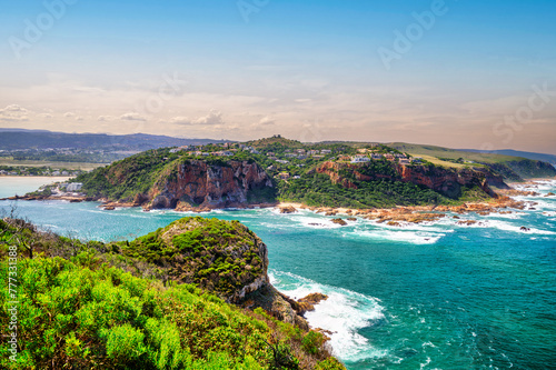 Knysna heads mountain village and the lagoon mouth from featherbed nature reserve, Knysna, Garden Route, South Africa.tif