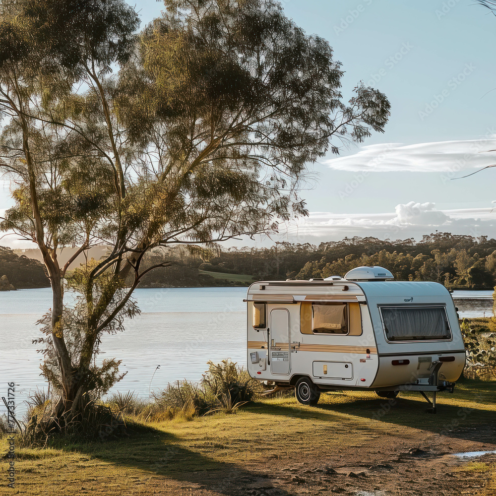 A camper trailer parked in a grassy area by a lake, offering tranquil lakeside camping. Nature's beauty surrounds the serene scene. AI generative enhances the scenic landscape.