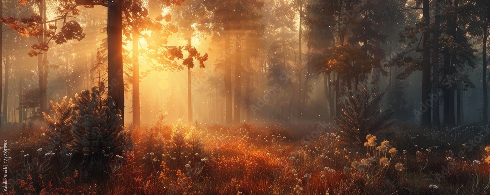 Majestic sunrise breaking through the mist in a dense pine forest creating a serene atmosphere