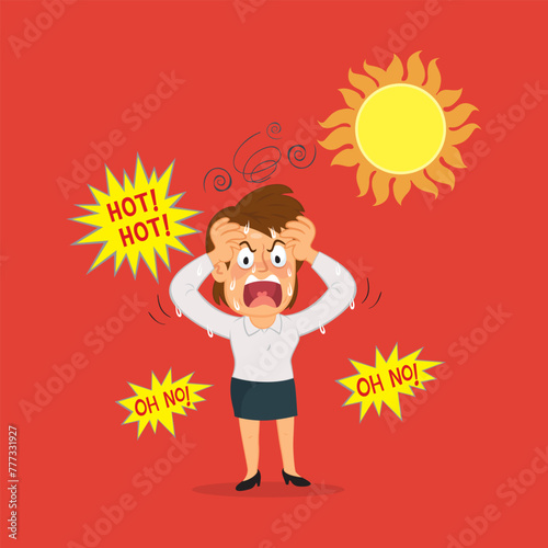 Hand drawn irritable woman in hot weather on a hot day. Flat, Poster, Vector, Illustration, Cartoon, EPS10. 