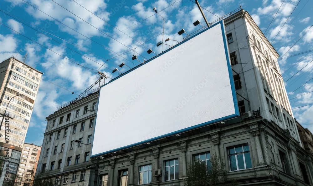 Large blank billboard ready for advertising content with cityscape background, surrounded by modern buildings and greenery Large blank billboard ready for advertising content with cityscape background, surrounded by modern buildings and greenery