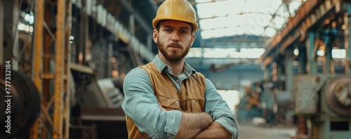 Male engineer with beard in yellow hard hat posing confidently in an industrial house.