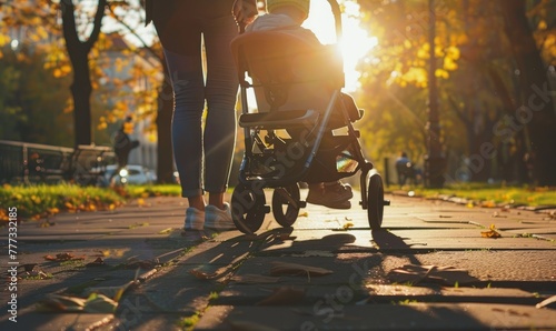 mother enjoying a walk with her baby in a stroller along a park's pathway, shaded by trees