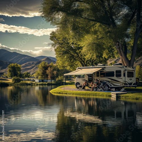 Discover serenity by the lake as a luxurious RV hosts a family picnic under an extended awning. Marvel at the glowing radioactivity captured in HDR. AI generative brings the scene to life. photo
