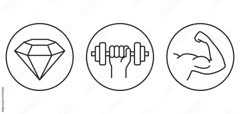 Hardness and strength icons set in thin line