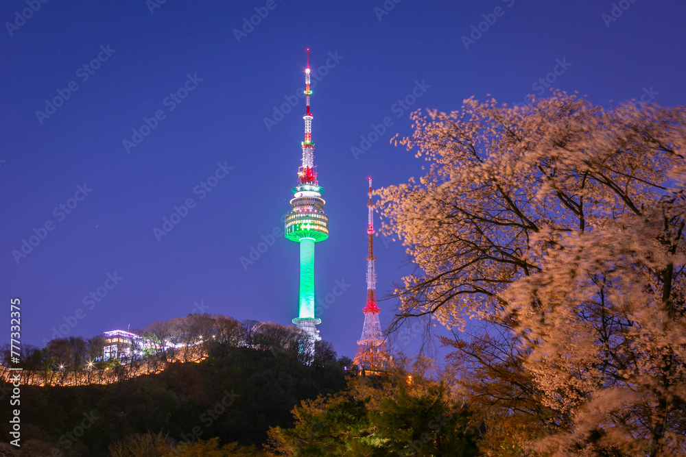 Spring and Namsan Mountain and cherry trees in Seoul, South Korea.