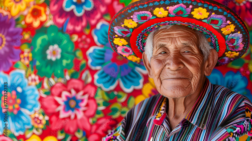 Portrait of an Mexican old man wearing traditional and hat with colorful flowers. Cinco de mayo. The day of the dead. Mexico festival