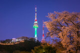 Spring and Namsan Mountain and cherry trees in Seoul, South Korea.