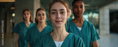 A trio of healthcare professionals in scrubs with stethoscopes in a hospital corridor