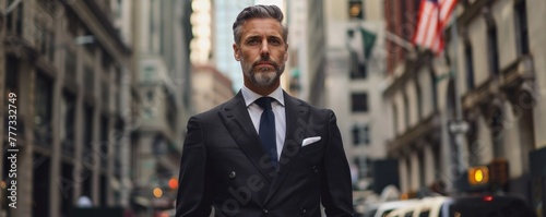 Obraz na płótnie Well-dressed man in a suit walks with purpose on a New York City street w salonie