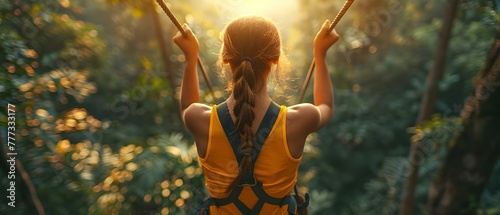 Excited young woman ziplining through dense forest canopy with laughter echoing. Concept Outdoor Adventure, Ziplining, Forest Canopy, Excitement, Laughter © Anastasiia