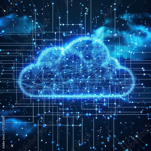 Futuristic cloud computing for digital storage and big data transfer on internet. Cutting-edge AI generative technology fuels the network.
