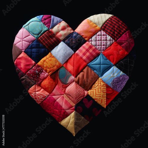 A heart-shaped masterpiece crafted from patchwork quilts, radiating warmth, comfort, and the intricate beauty of love stitched together in a cozy and charming display.