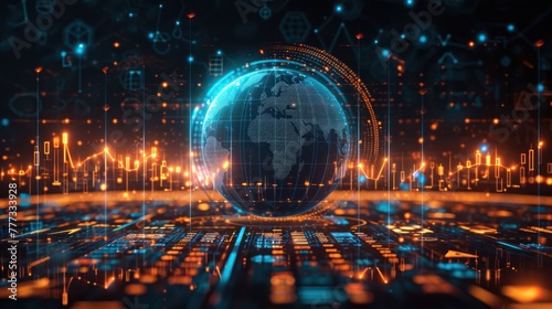 globe surrounded by trading symbols and economic indicators, highlighting the essential components of global trade