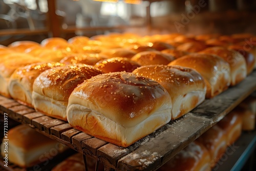 Freshly baked artisan bread emanates fragrant smoke on wooden shelves. Artisan sesame bread with a crispy crust. Artisan bread concept