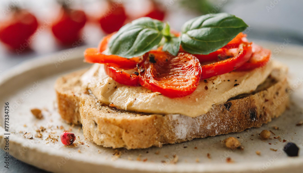 Toasted bread with cashew cheese spread with roasted red pepper strips and fresh basil leaves