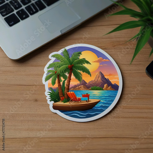 Diseño pegatina 3d barca mar palmeras sol montañas