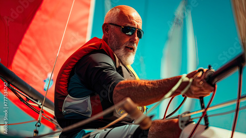 A man in a life jacket is steering a sailboat