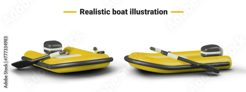 Inflatable yellow boat with motor and oars. Modern vehicle for travel and entertainment